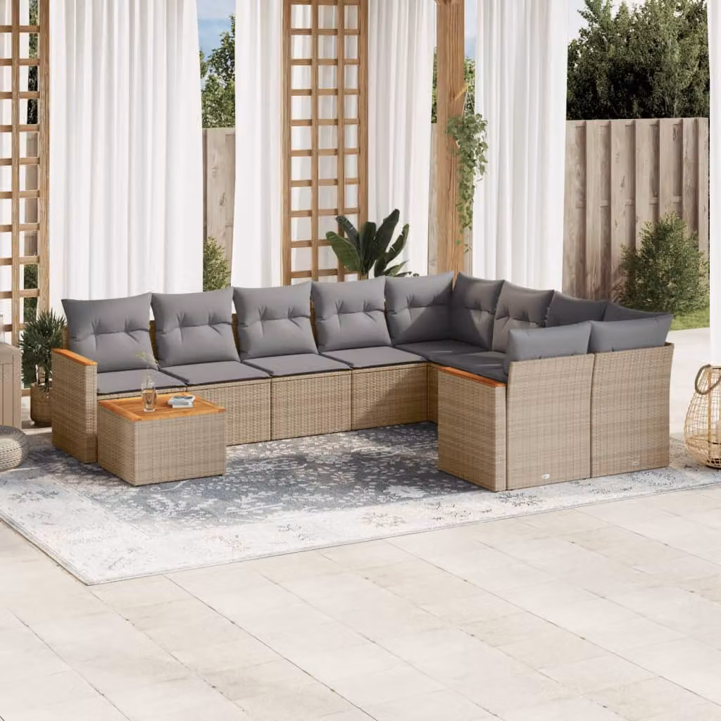 vidaXL Set Divano da Giardino 10 pz in Polyrattan con Cuscini Beige e Grigio e Tavolino da Caffè – 1