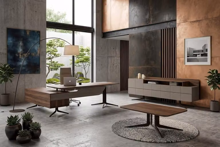 Set di mobili da ufficio eleganti: scrivania, mobiletto laterale, design moderno