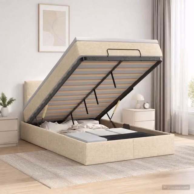 Letto ottomano moderno vidaXL con base a sollevamento e materasso ibrido in tessuto beige L/P/H: 120 x 200 x 88 cm