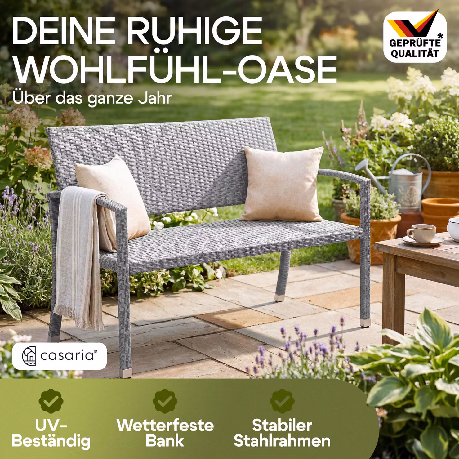 Panchina da giardino moderna Casaria in polyrattan grigio con braccioli L/P/H: 122 x 90 x 55 cm – 2