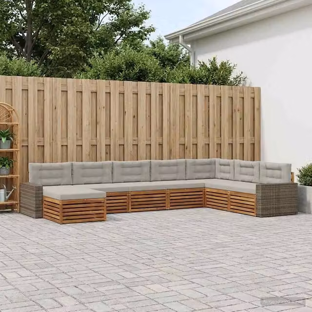 Set di divani da esterno a L vidaXL in legno di acacia con 8 pezzi, colore beige e grigio