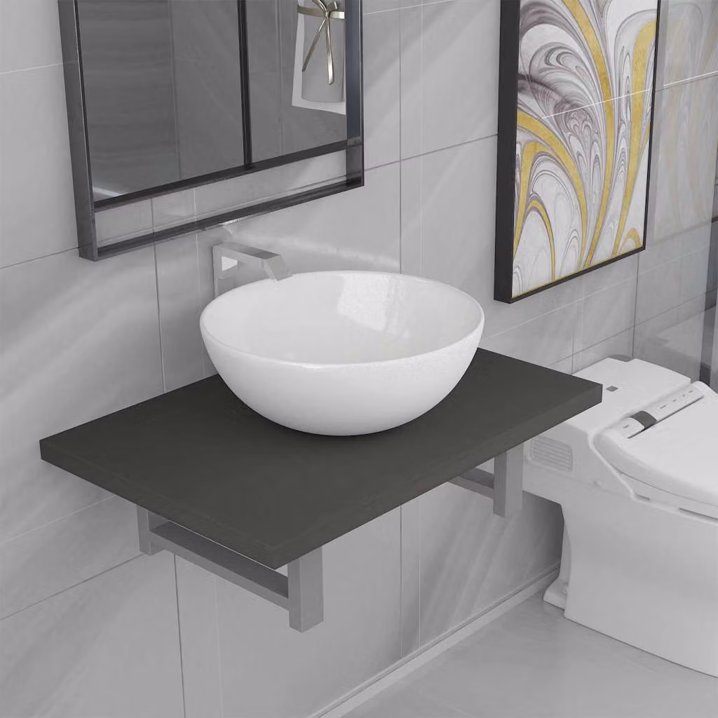 Set di mobili da bagno vidaXL in ceramica e legno, composto da mobile lavabo e pensile, grigio e bianco lucido