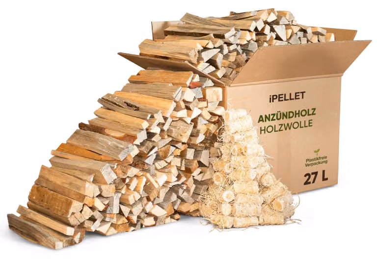 Legna da accensione in pino, capacità 27 litri, peso 7 kg, con cubetti di legno truciolato per l'accensione, adatta per camini