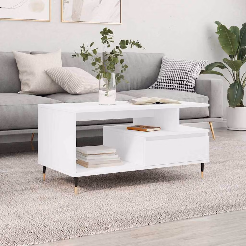 vidaXL Tavolino da Salotto Moderno Bianco L: 90 cm, P: 49 cm, H: 45 cm in Legno e Metallo