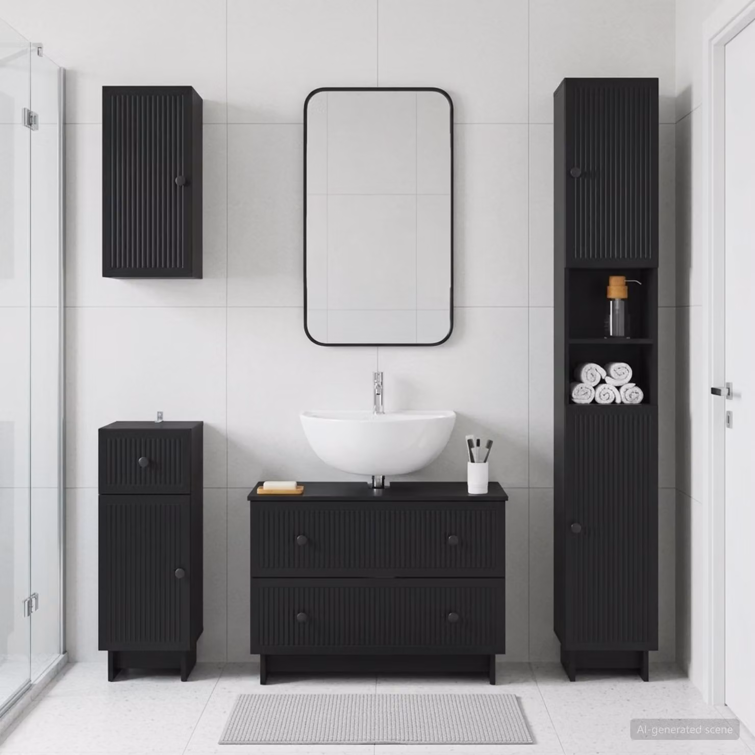 Set di mobili da bagno moderno vidaXL EDE composto da 4 pezzi in legno nero opaco con mobile sottolavabo e pensili a parete