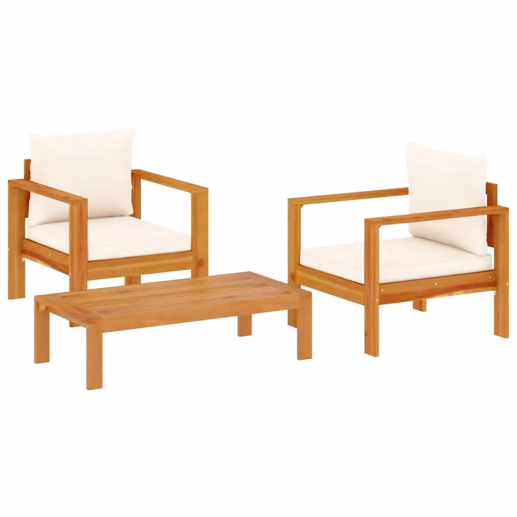Set Divano da Giardino 3pz vidaXL in Legno di Acacia con Cuscini Bianchi – 2