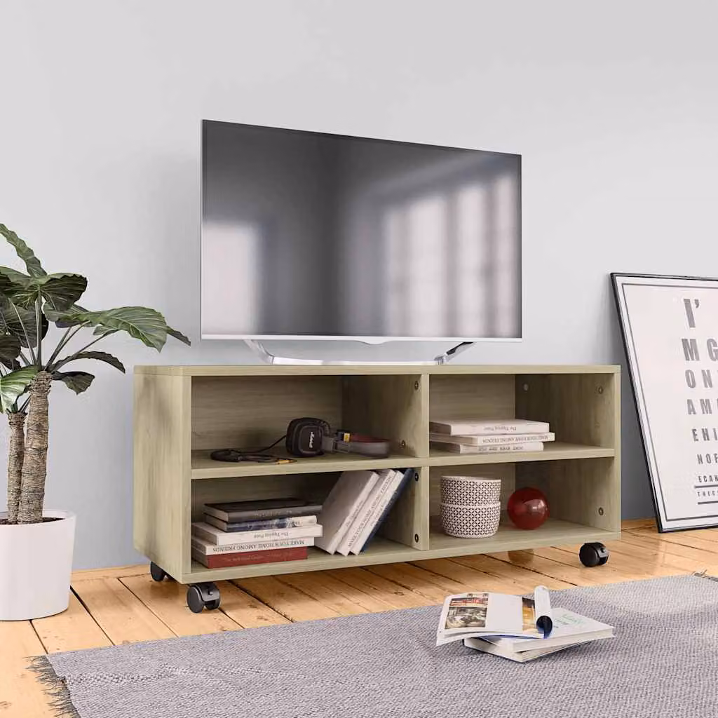 Mobile TV con ruote vidaXL in legno multistrato Rovere Sonoma, marrone, L 90 cm x P 35 cm x H 35 cm