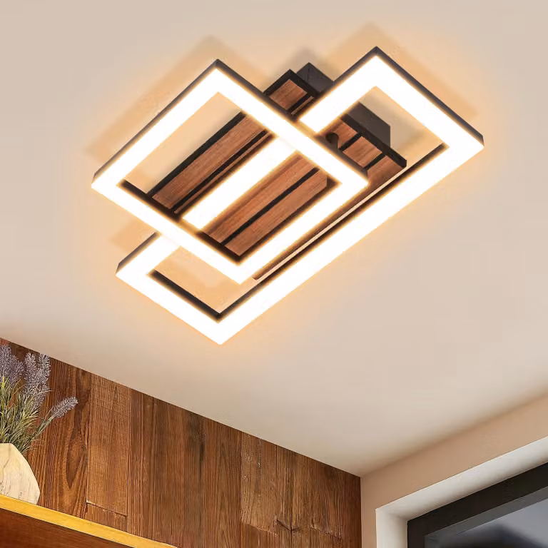 Lampada a soffitto a LED, 14W, 3000K, luce calda, rettangolare, nera, effetto legno