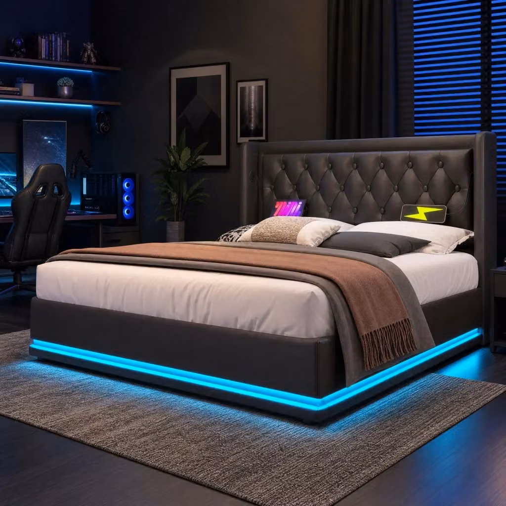 Letto matrimoniale Mivray con contenitore e testiera imbottita, porta USB Type-C, luci LED e rete a doghe, colore nero, L/P: 160 x 200 cm – 2