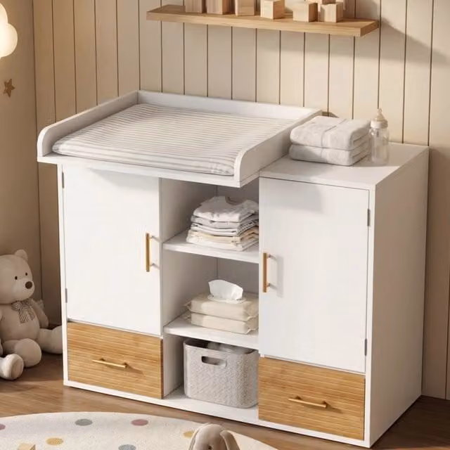 Cassettiera fasciatoio multifunzione WISHDOR bianca con armadietto, cassetti e ripiani, L: 114 cm, P: 53 cm, H: 92 cm – 1