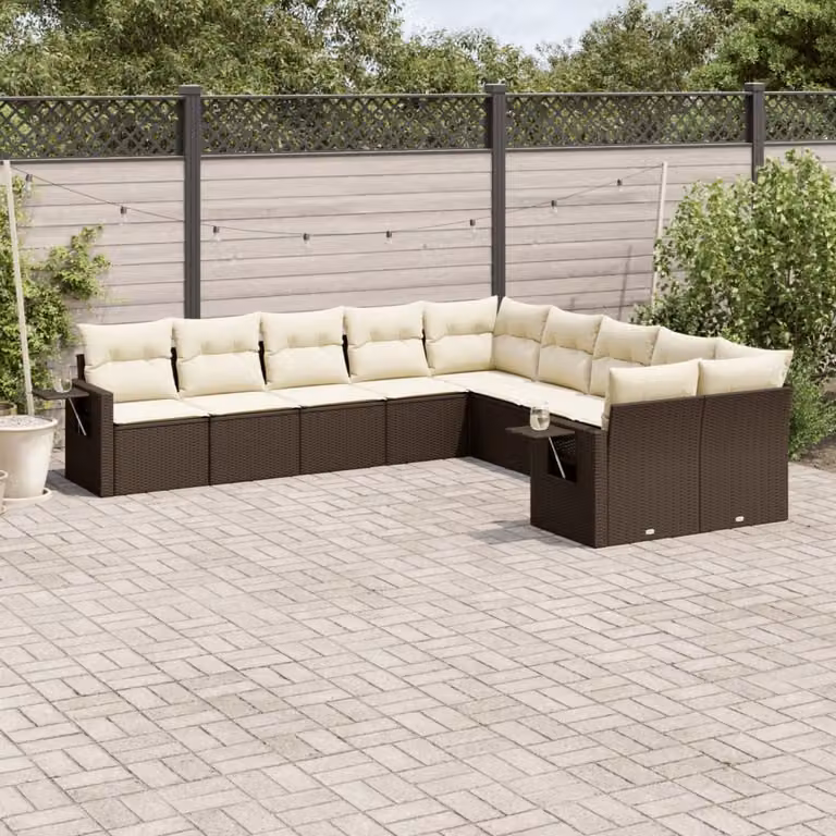 vidaXL Set Divani da Giardino a L 10pz in Polyrattan Marrone con Cuscini e Tavolino da Esterno