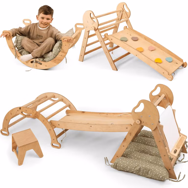 Struttura da arrampicata 5 in 1 da interno in legno con scivolo – Triangolo da arrampicata Montessori per bambini a partire da 1 anno, parco giochi da interno, set da arrampicata per neonati e set artistico