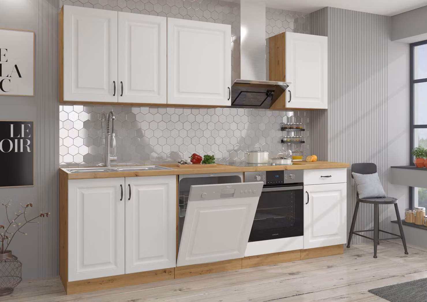 Cucina Stilo Bianco + Rovere Artisan 250 cm, linea cucina, blocco cucina, cucina componibile