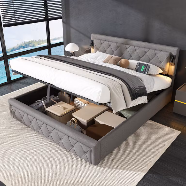 Letto imbottito STILVORA 180x200, letto per ragazzi con rete a doghe e testiera a rombi, letto matrimoniale con luce integrata e porta USB, grigio (senza materasso)