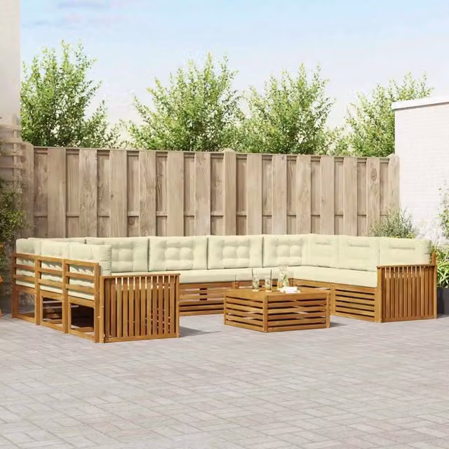 Set di divani da esterno a L vidaXL in legno di acacia con cuscini beige e bianco – 1