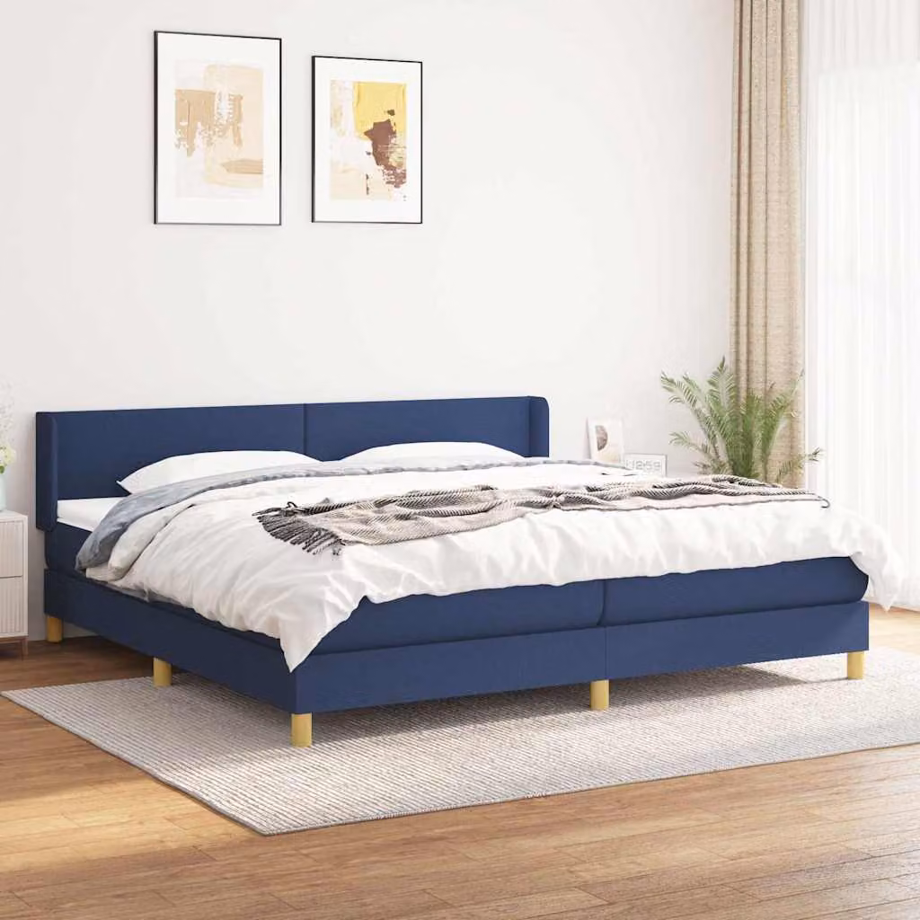 vidaXL Giroletto a Molle con Materasso Ibrido in Tessuto Blu e Bianco L/P: 200 x 200 cm – 1