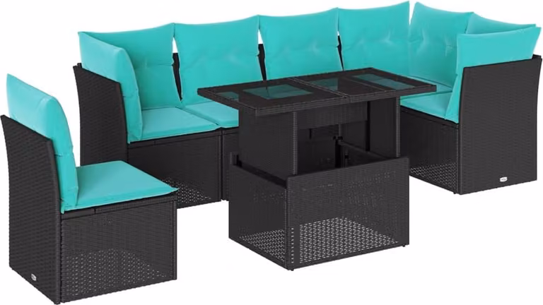 set di divani da giardino 7 pezzi con cuscini, polyrattan nero
