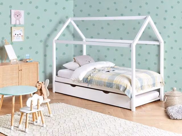 Letto a scomparsa della casa per bambini in legno di pino bianco UE misura singola 90 x 200 cm letto con base a doghe per la cameretta moderna dei bambini.