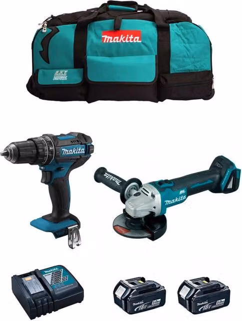 Kit utensili a batteria Makita MK205 con avvitatore DHP482, smerigliatrice DGA504, 2 batterie da 5,0 Ah e caricabatterie DC18RC della linea LXT