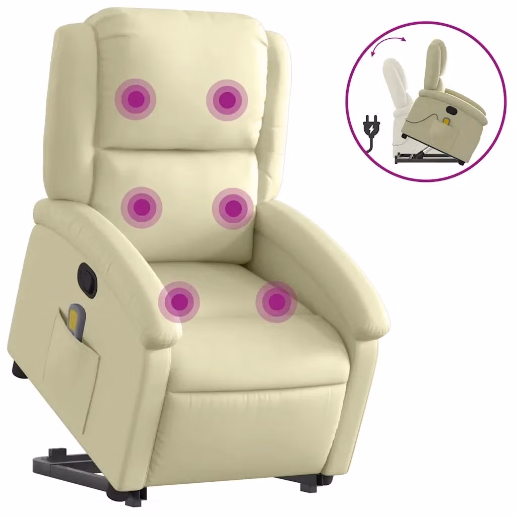 Poltrona Alzapersona Reclinabile con Massaggio vidaXL in Vera Pelle Beige per Anziani – 2