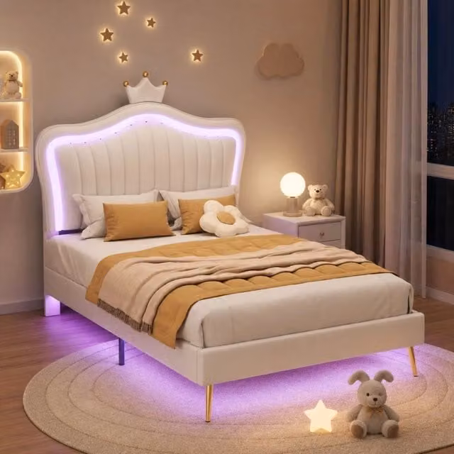 Letto per bambini imbottito con testiera a conchiglia e corona, bianco, L/P: 90 x 200 cm