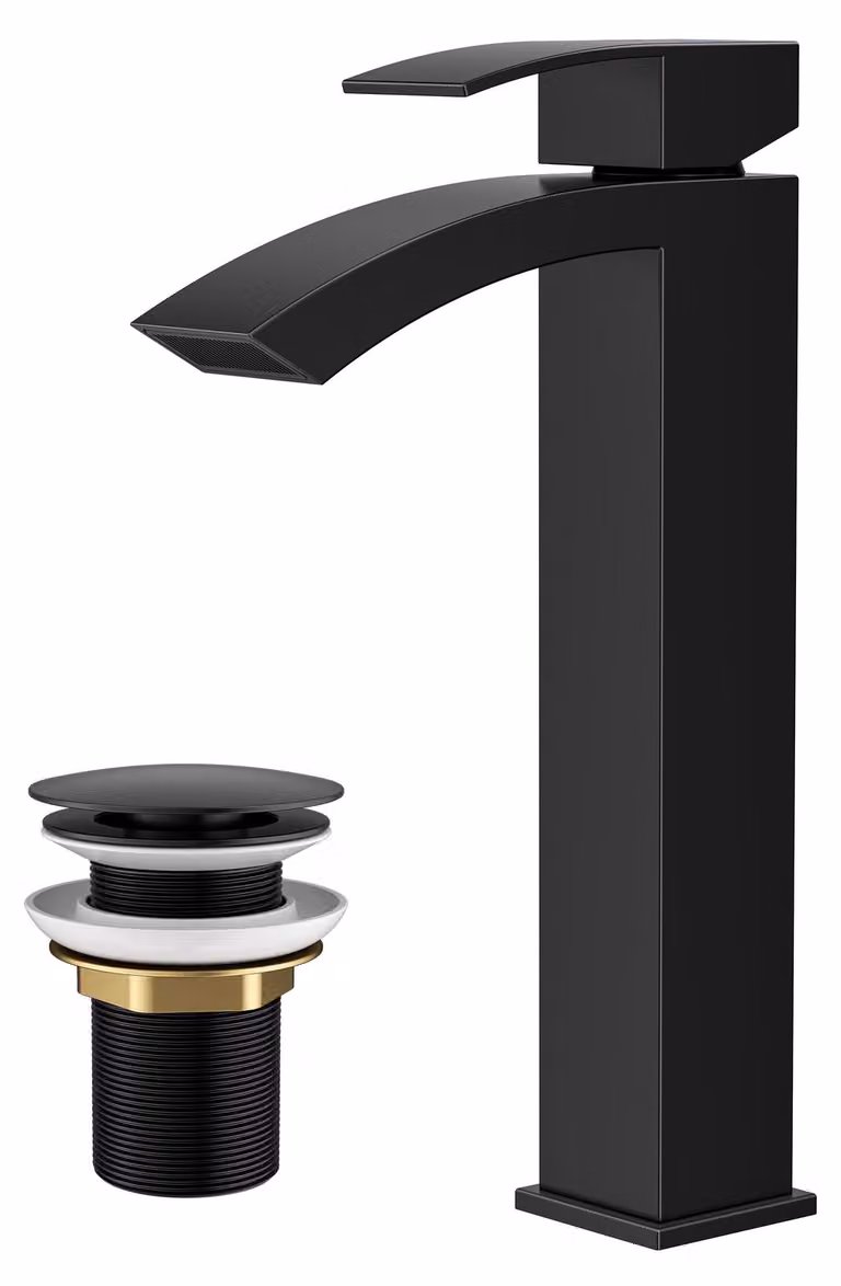 Miscelatore monocomando nero per lavabo, con sistema di scarico a pressione e altezza del beccuccio di 225 mm