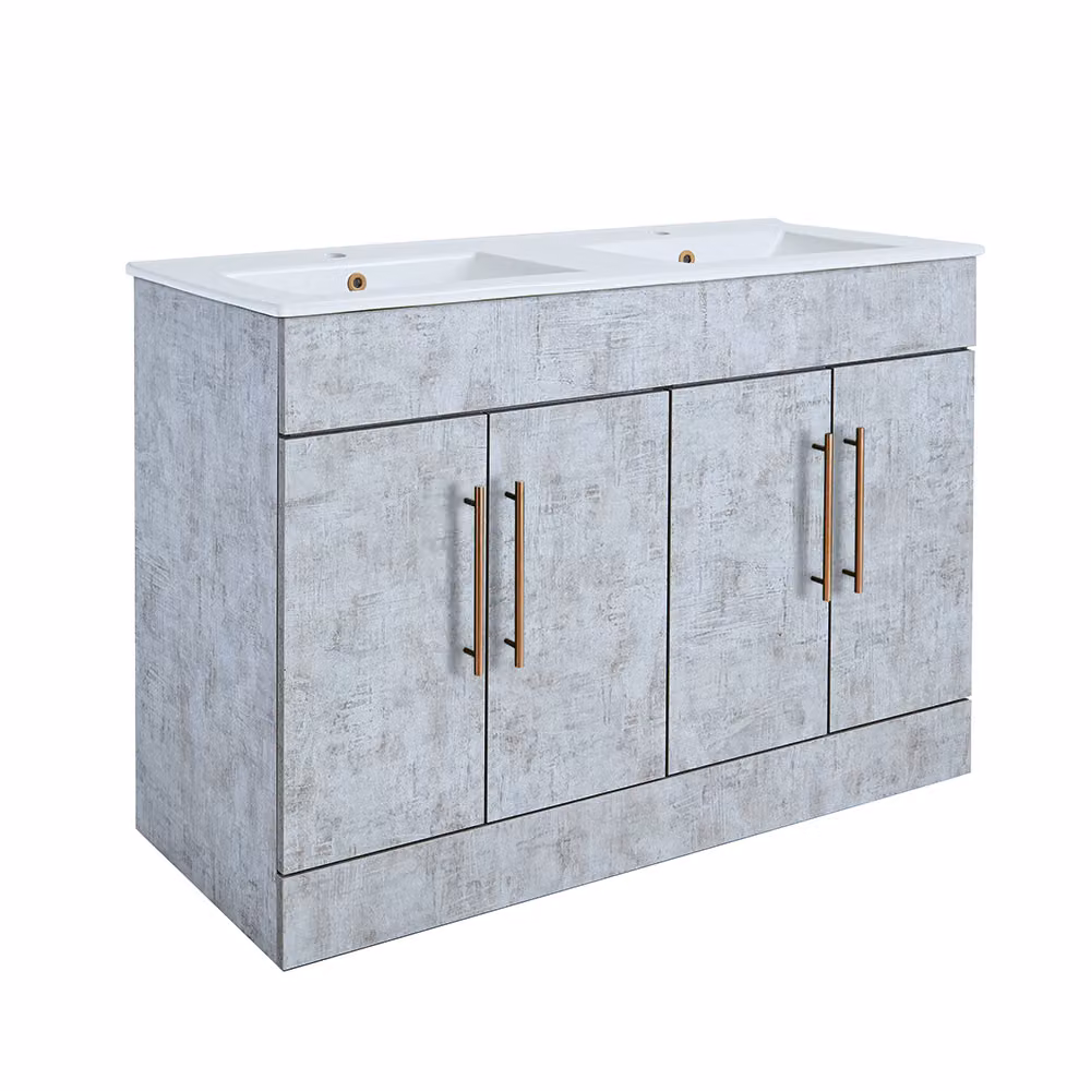 Mobile Bagno a Terra Grigio Cemento da 1210mm con Doppio Lavabo e Maniglie con Barra a T in Rame Satinato - Cluo