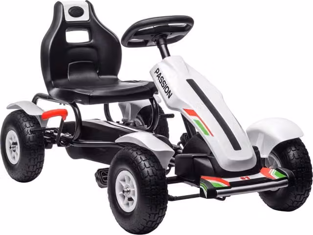 Go-kart a pedali XYLO per bambini con sedile regolabile e freno a mano, bianco nero – 1