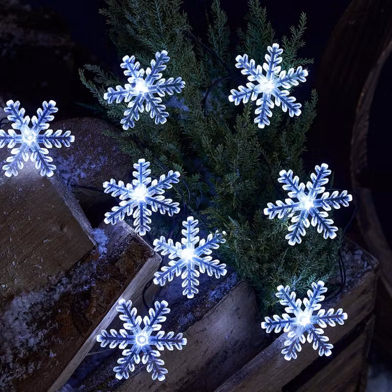 Catena luminosa a forma di fiocchi di neve, 20 LED bianchi, timer, 3,8 metri, grado di protezione IP44