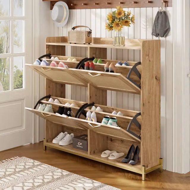 Scarpiera salvaspazio con ante in rattan e ripiano superiore in MDF color legno 108;5 × 24 × 100 cm