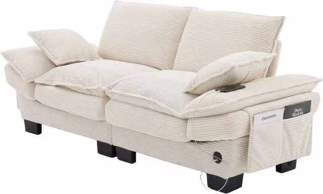 Divano a 2 posti in velluto a coste beige con schiuma ad alta densità, USB-C integrata e tasche laterali, 190x73x84 cm