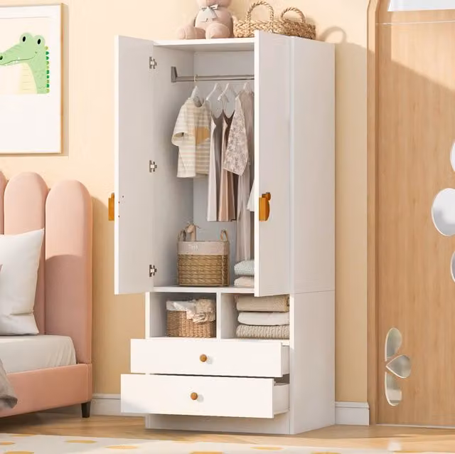 Armadio singolo 70x50x170 cm con due cassetti; vani interni e maniglie decorative; bianco in MDF