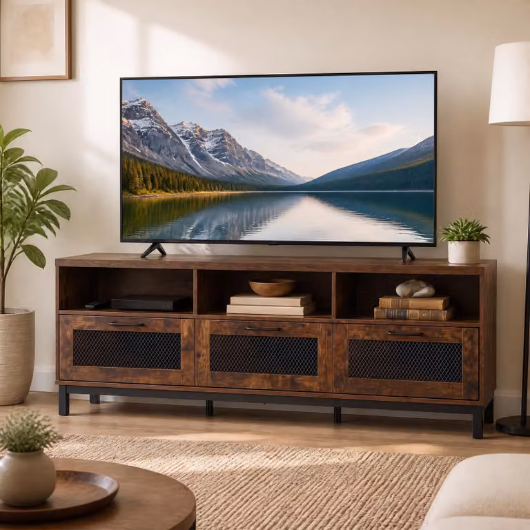 Mobile porta TV Costway in legno marrone con 3 cassetti in rete per televisori fino a 75 pollici, stile industrial per soggiorno e camera da letto, L: 160 cm, P: 40 cm, H: 60 cm