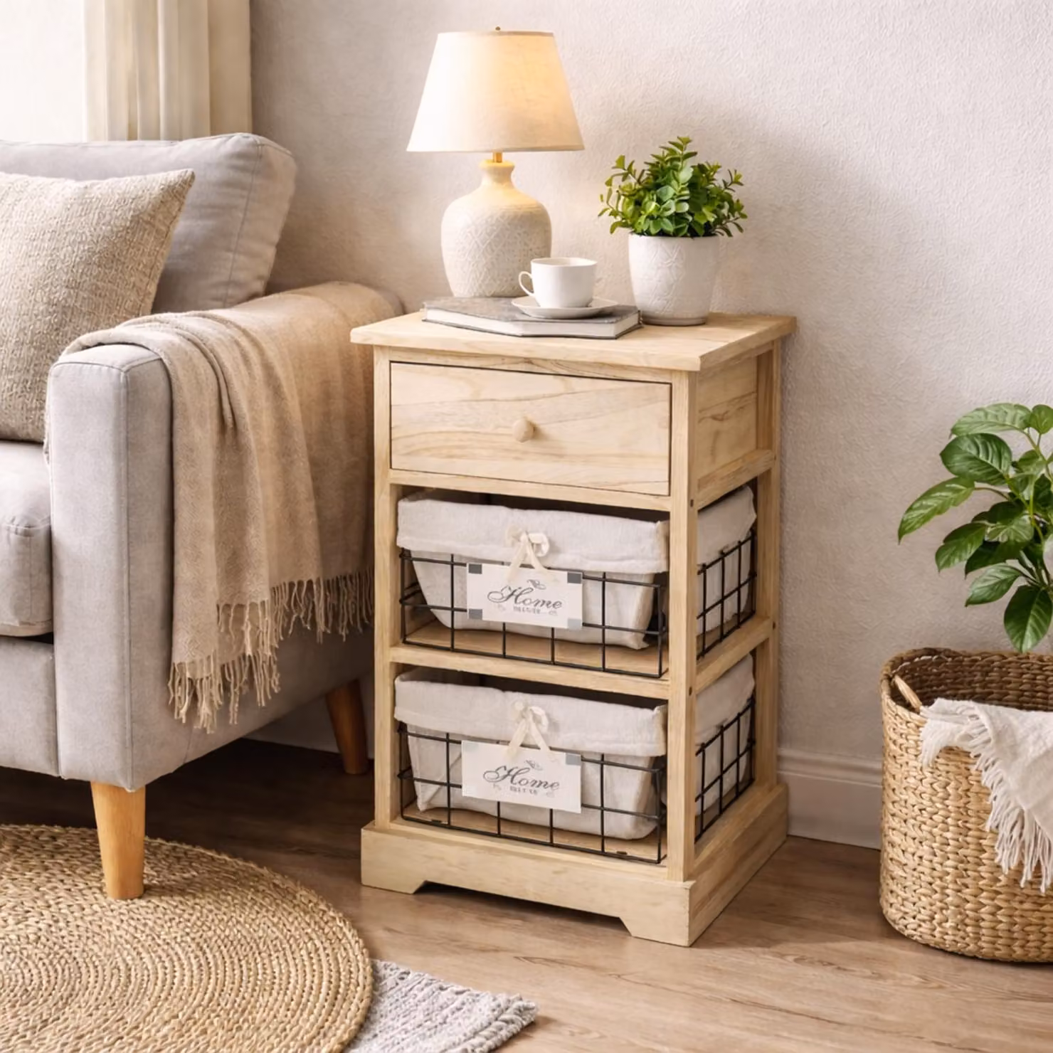 Comodino Melia con cassetto e 2 cesti in legno di quercia "Artisane"