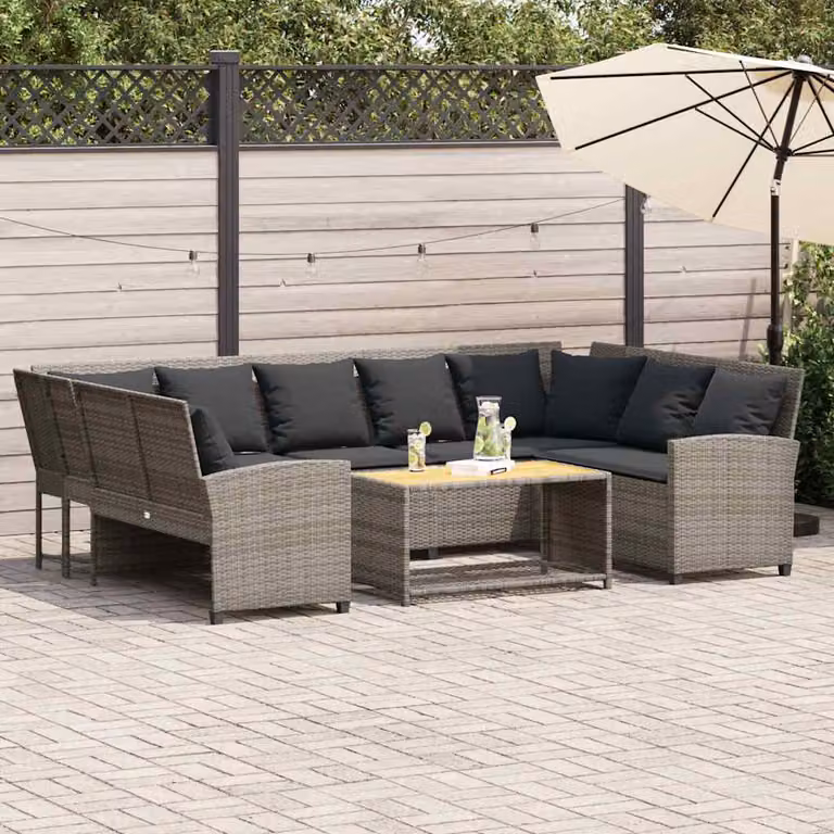 vidaXL Divano da Giardino a Forma di U in Polyrattan Grigio con Cuscini Imbottiti e Coperture Rimovibili