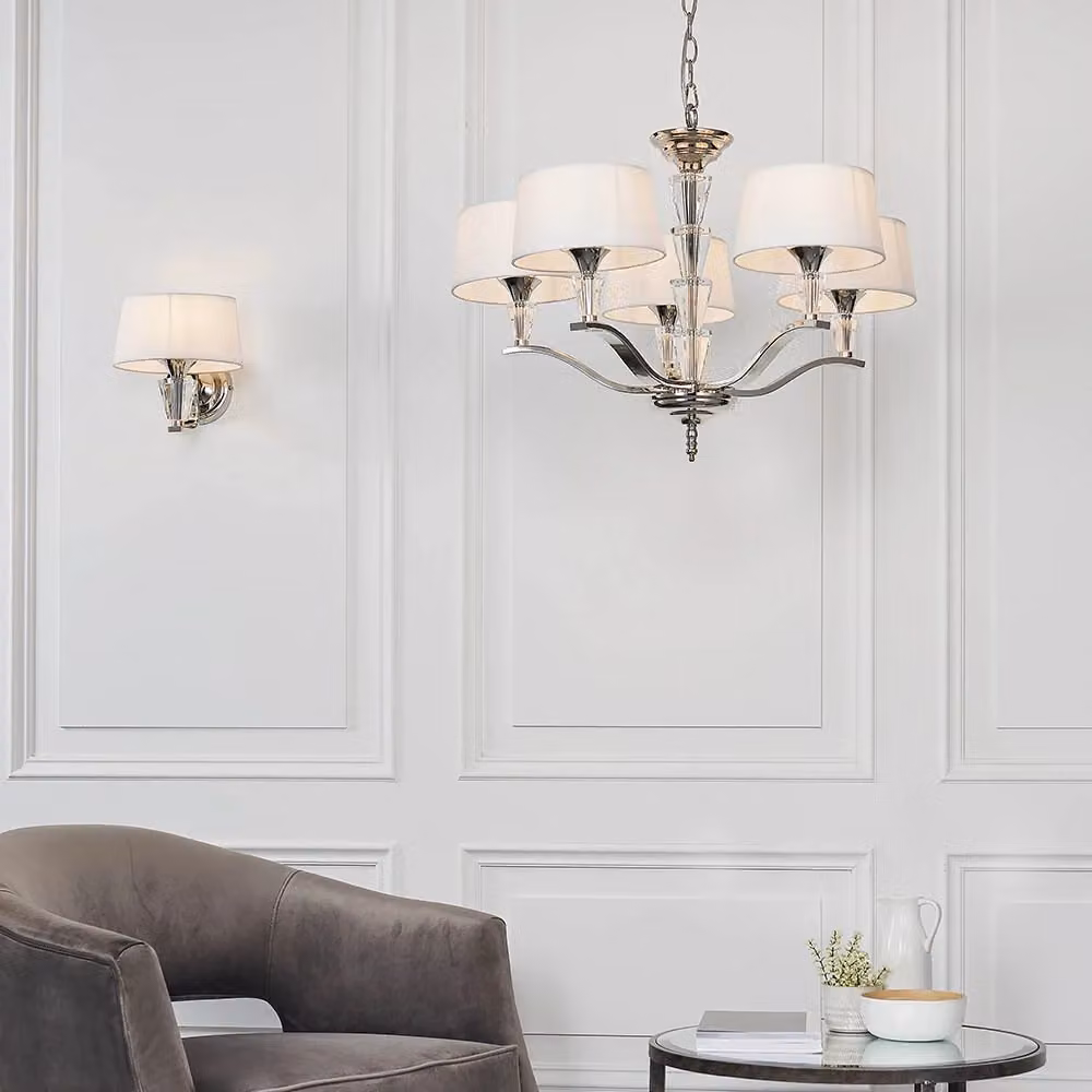 Lampadario a sospensione Endon con 5 luci in metallo, tessuto e cristallo, colore argento e bianco, regolabile in altezza, con attacco E14 – 2