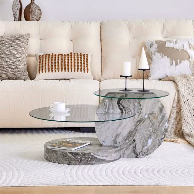Tavolino da salotto moderno WISHDOR rotondo con base effetto marmo grigio astratto e due livelli in vetro trasparente e MDF