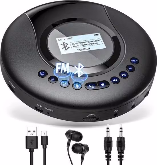 Lettore CD Bluetooth Anti Shock Ricaricabile con Cuffie Nero