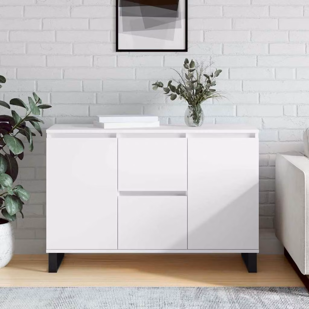 Credenza moderna vidaXL in legno multistrato e metallo, colore bianco, L 101,5 cm x P 35 cm x H 70 cm