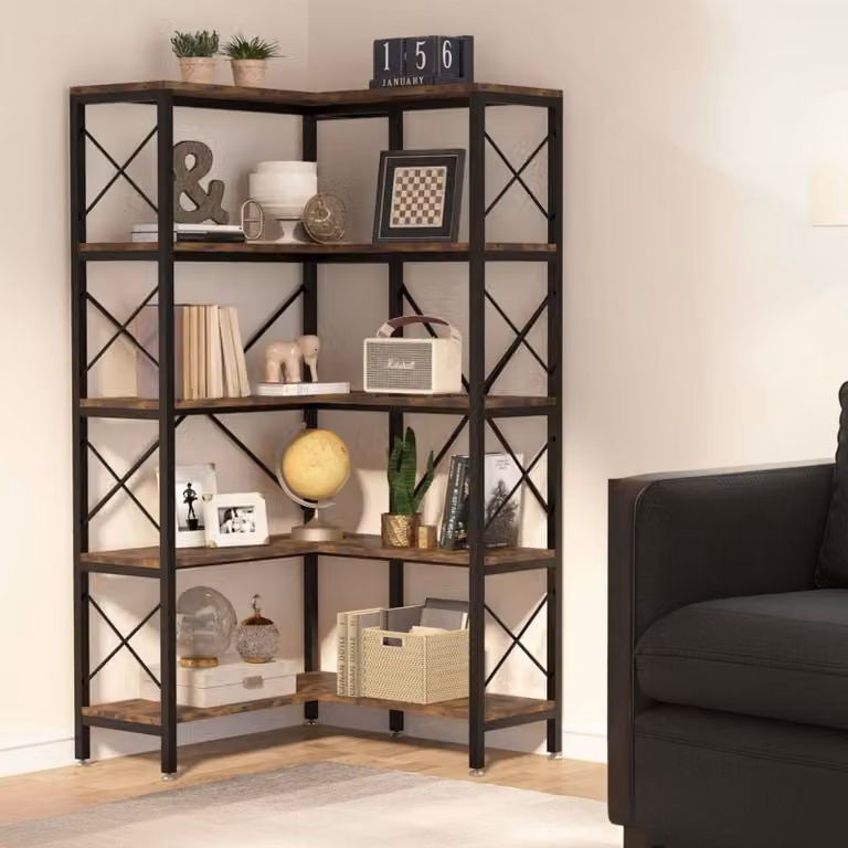 Libreria ad angolo - Scaffale angolare - Libreria - Mobile contenitore - Scaffale a parete - Colore marrone rustico - 5 ripiani spaziosi