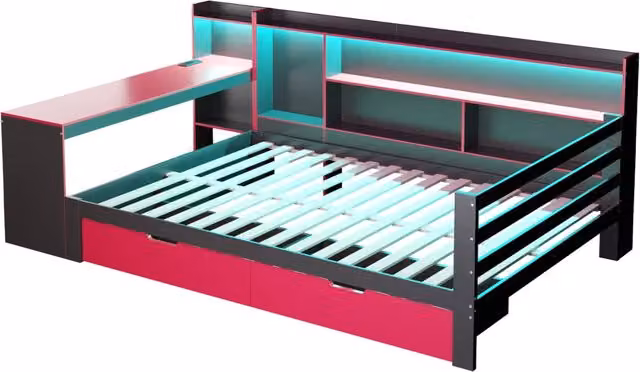 Letto multifunzione in legno 140x200 cm con scrivania, scaffali, cassetti, illuminazione LED e prese di corrente, nero e rosso