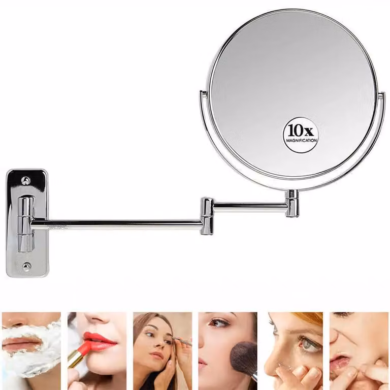 Specchio da trucco da parete - Specchio da bagno rotondo - Doppio lato con ingrandimento 10x - Inclinabile a 360° - Diametro 20 cm - Cromato argento