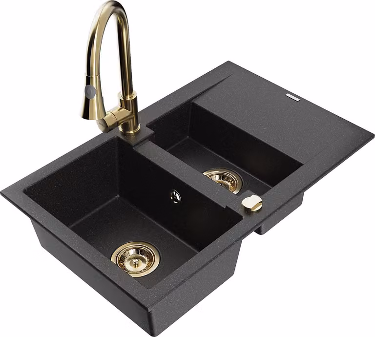 Mexen Gaspar lavello in granito 1,5 vasche con scolapiatti e rubinetto da cucina Elia, nero/argento metallizzato