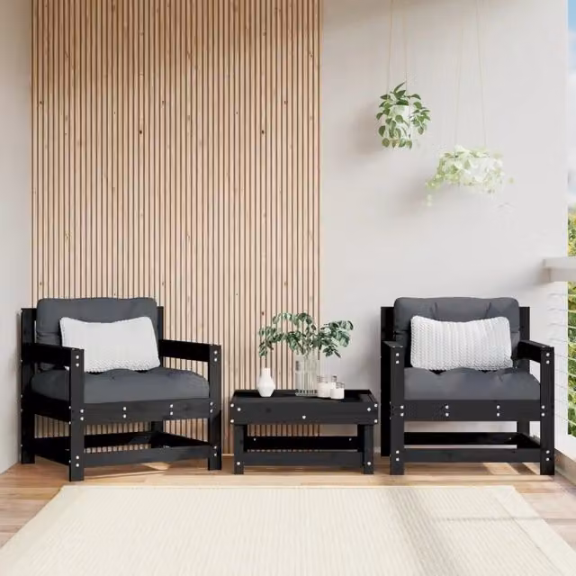 Set di 2 sedie da giardino in legno di pino nero con cuscini e braccioli