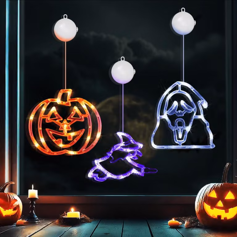 Set di 3 lampade a LED per finestre, a tema Halloween, multicolore, alimentate a batteria, con ventosa