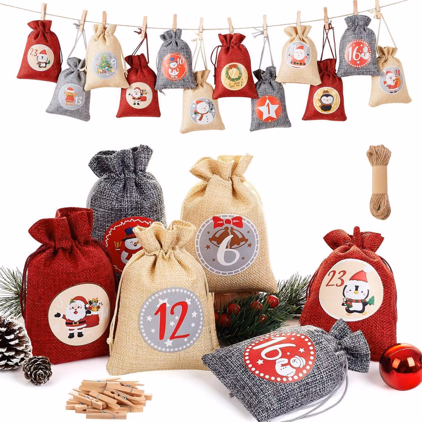 Calendario dell'Avvento da riempire: 24 sacchetti di juta con accessori, colore rosso e oro