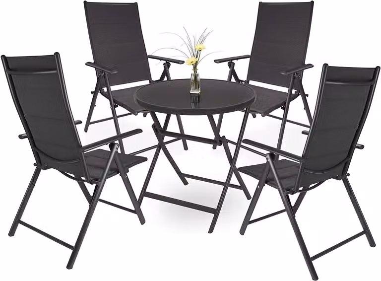 Set da giardino Brubaker Riva - 1 tavolo rotondo pieghevole in vetro da 70 cm di diametro con 4 sedie a schienale alto - Resistente alle intemperie - Antracite