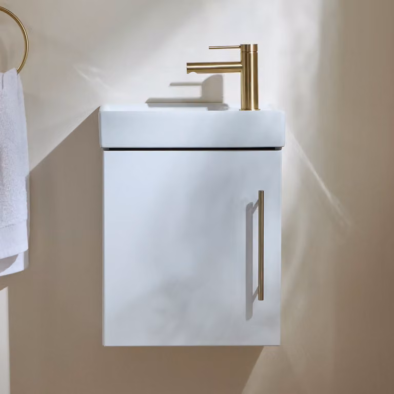 Mobile Bagno Bianco Sospeso da 400mm con Lavabo e Maniglia con Barra a T in Oro Satinato - Cluo