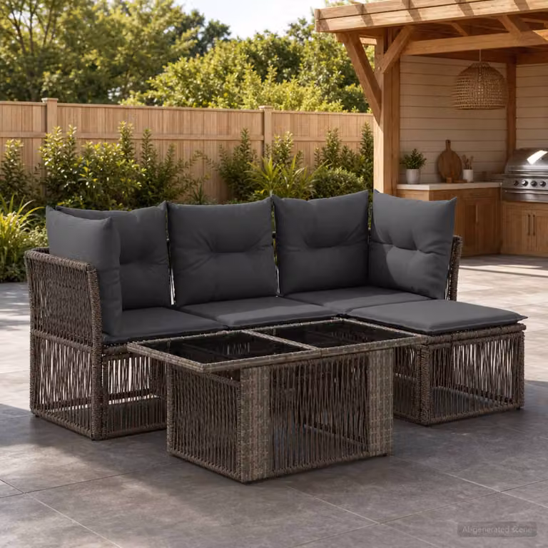 Set Divano da Giardino vidaXL 5 Pezzi in Polyrattan Grigio con Tavolino e Cuscini