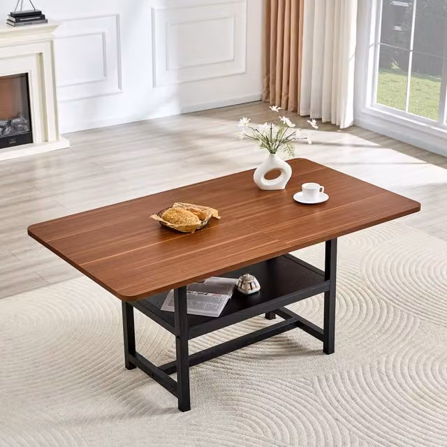 Tavolo da pranzo rettangolare per 4-6 persone con ripiano integrato, MDF e metallo, noce e nero, 160 × 90 × 76 cm